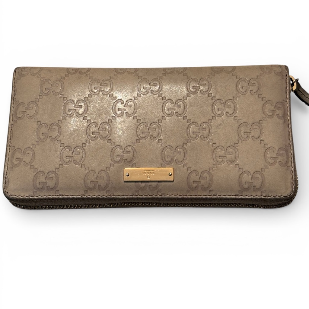 Gucci Guccissima Taupe Gg-Embossed Zip Wallet With Gold Plaque